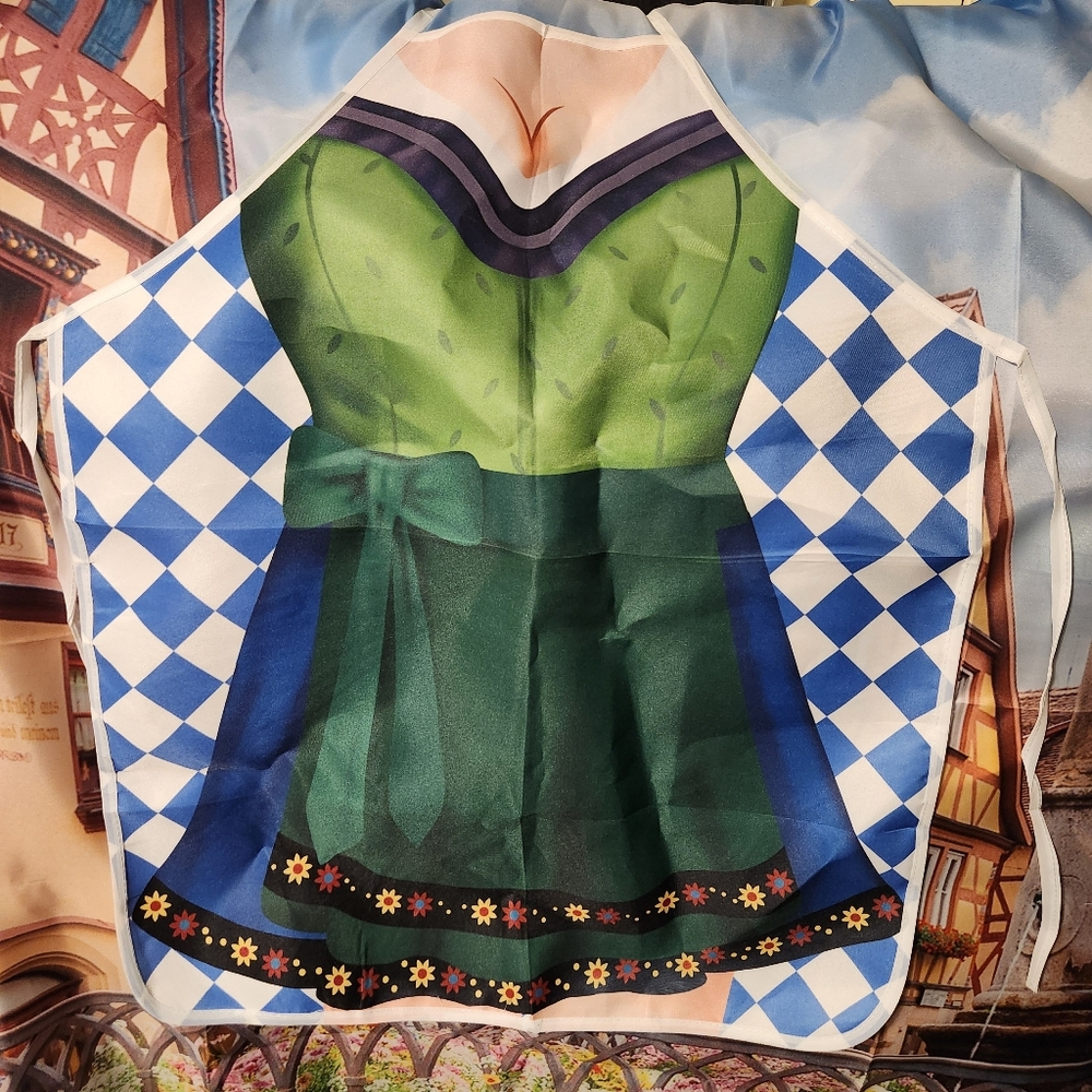 Fun Dirndl Style Women's Apron with Green Bodice and Blue Checkered Sides NEW